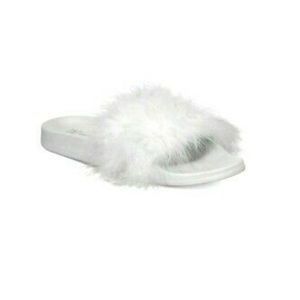 INC Faux-Feather Sandals Marabou Flat Slide Slippers White